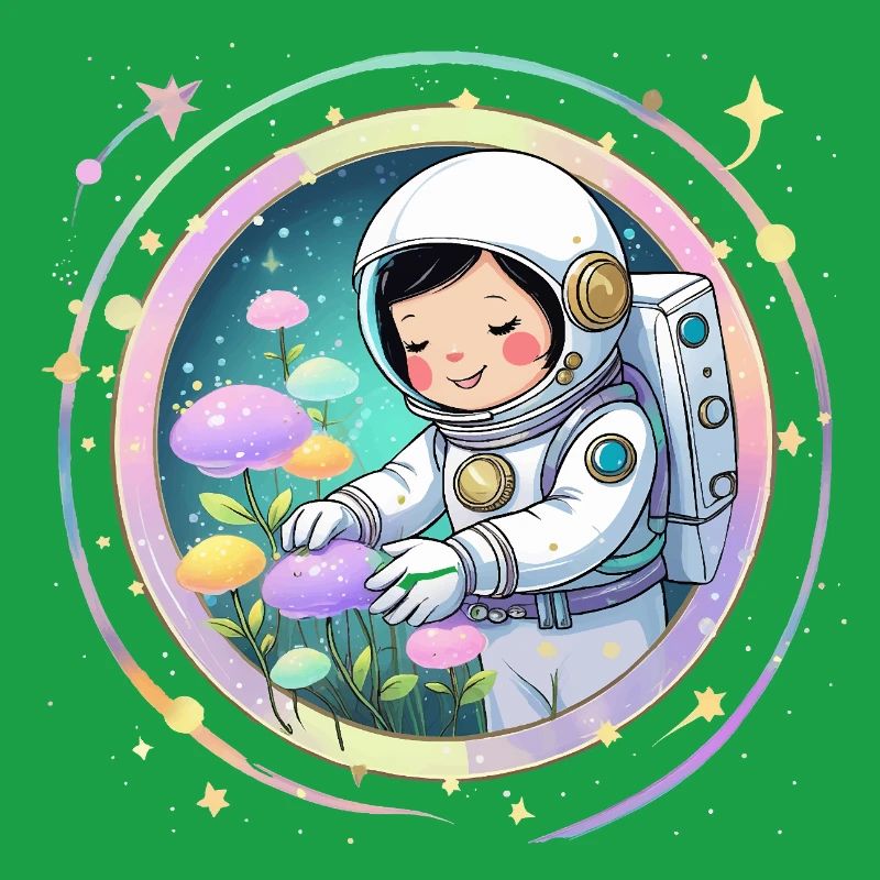Fille astronaute avec des champignons - Conception spatiale mignonne