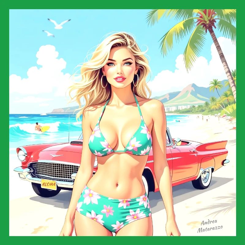 Frau am Strand mit Oldtimer