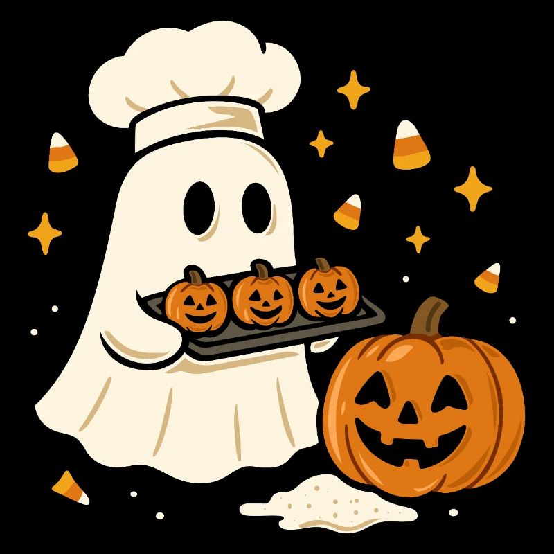 Halloween ghost with chef's hat and pumpkin