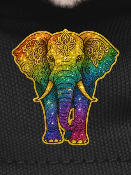 Rainbow elephant with gold pattern