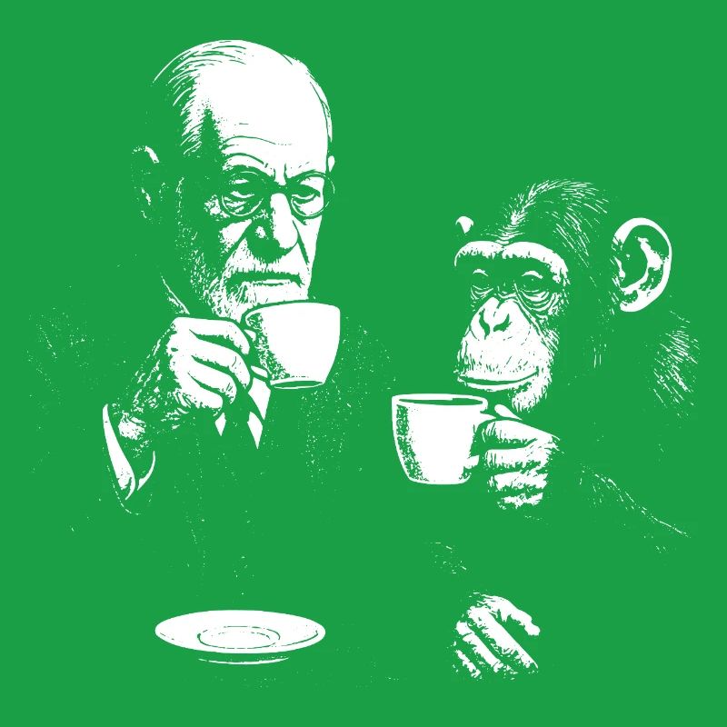 Sigmund Freud drinking coffee with monkey