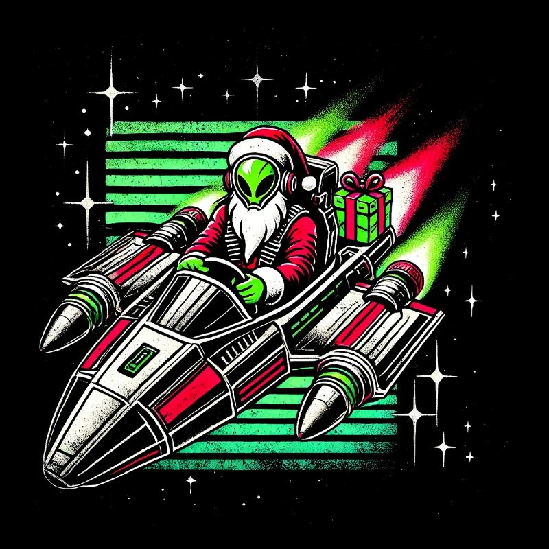 Alien Santa Space Sleigh Retro Christmas Tee