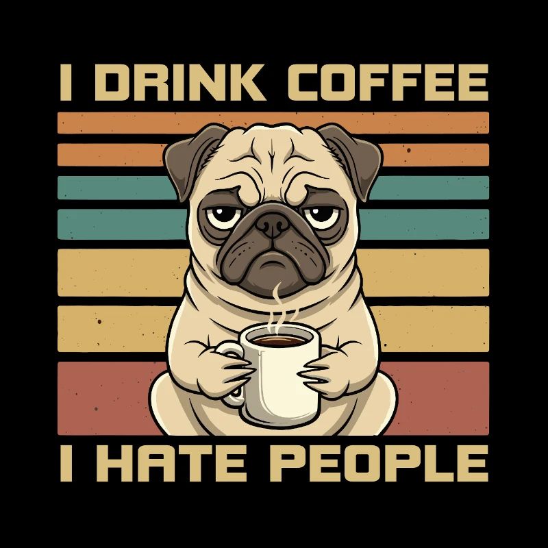 Lustiger grummeliger Mops trinkt Kaffee und hasst Menschen