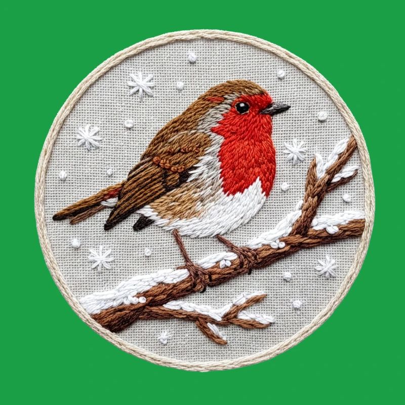 Robin embroidered on a twig (printed)
