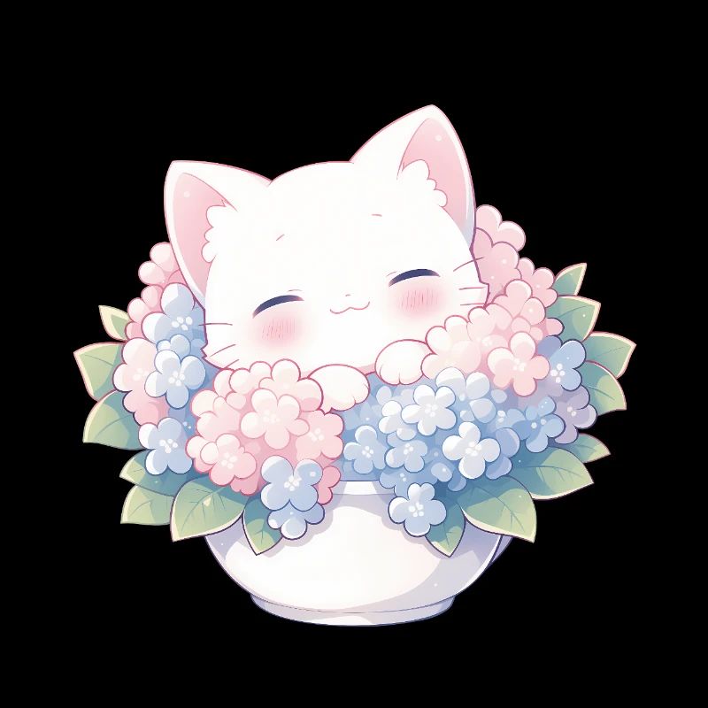 Chat blanc mignon dans les hortensias – Kawaii Design