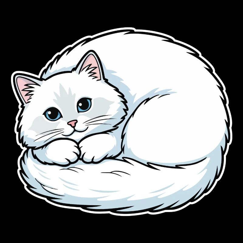 Chat Blanc Angora Yeux Bleus Enroulé Mignon