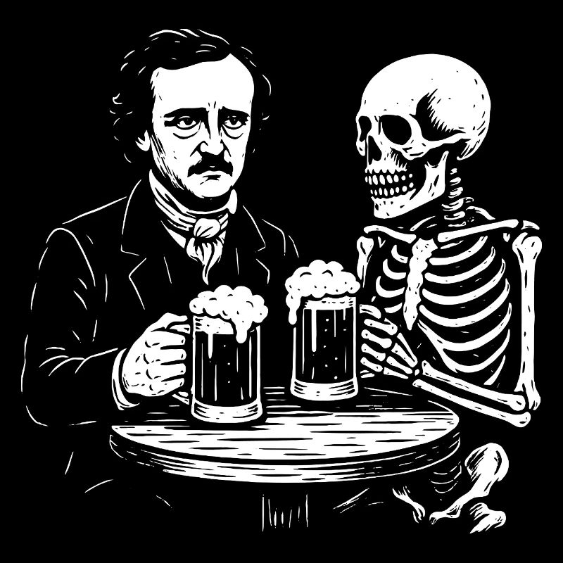 Edgar Allan Poe drinking beer with death