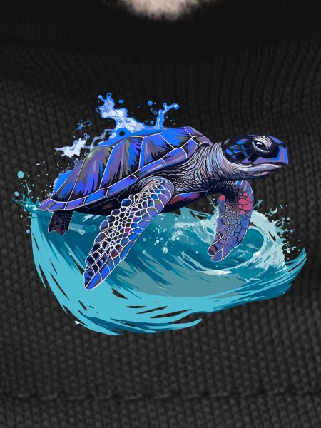 Sea turtle surfing on wave