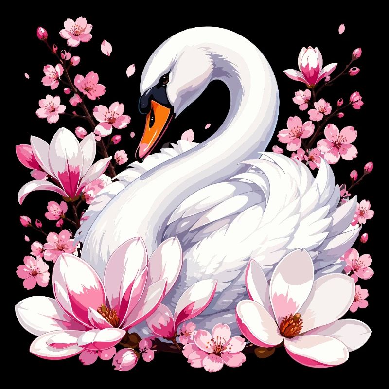 Weißer Schwan mit Kirschblüten