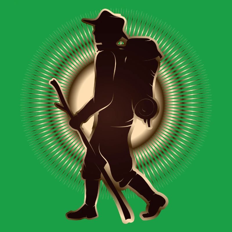 Pilgrim or hiker with walking stick & backpack