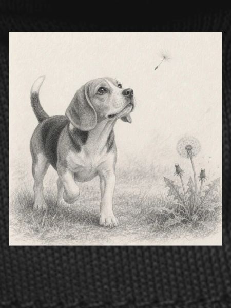 Beagle Pencil Drawing with Dandelion