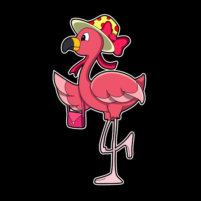 Flamant rose avec sac à main et chapeau