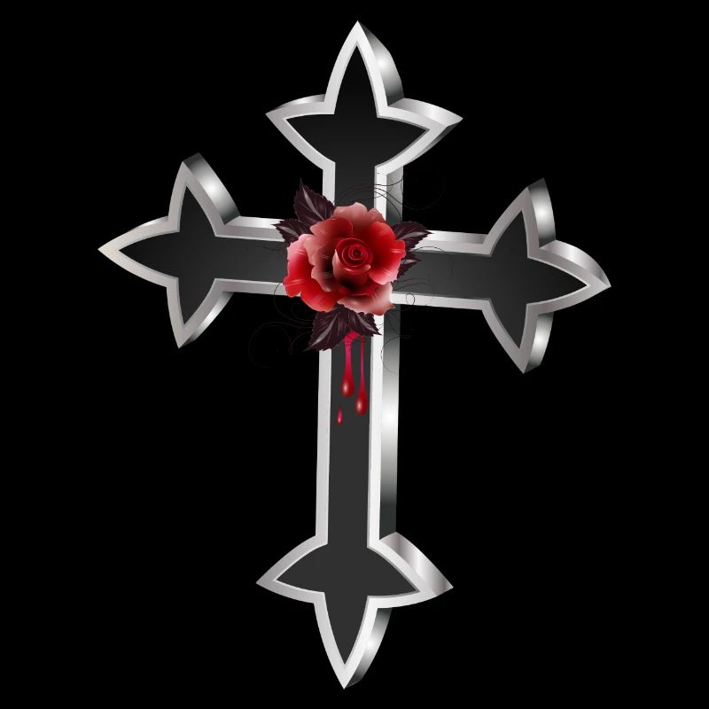 black silver gothic cross with red rose