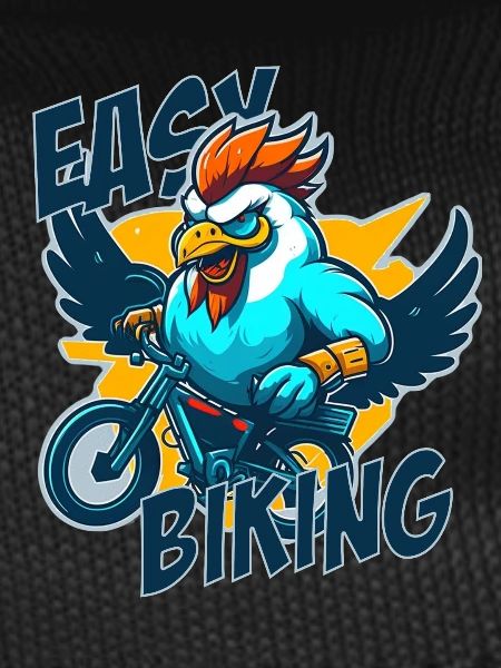Rooster with bicycle and lettering