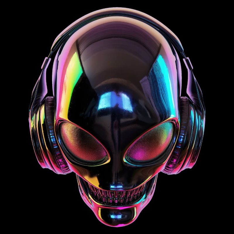 Schwarzer Alien-Kopf mit Kopfhörern