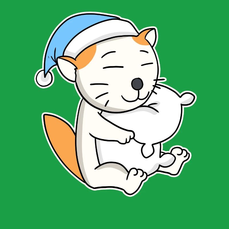 Sleeping Tired - Cat with Pillow and Sleepy Cap