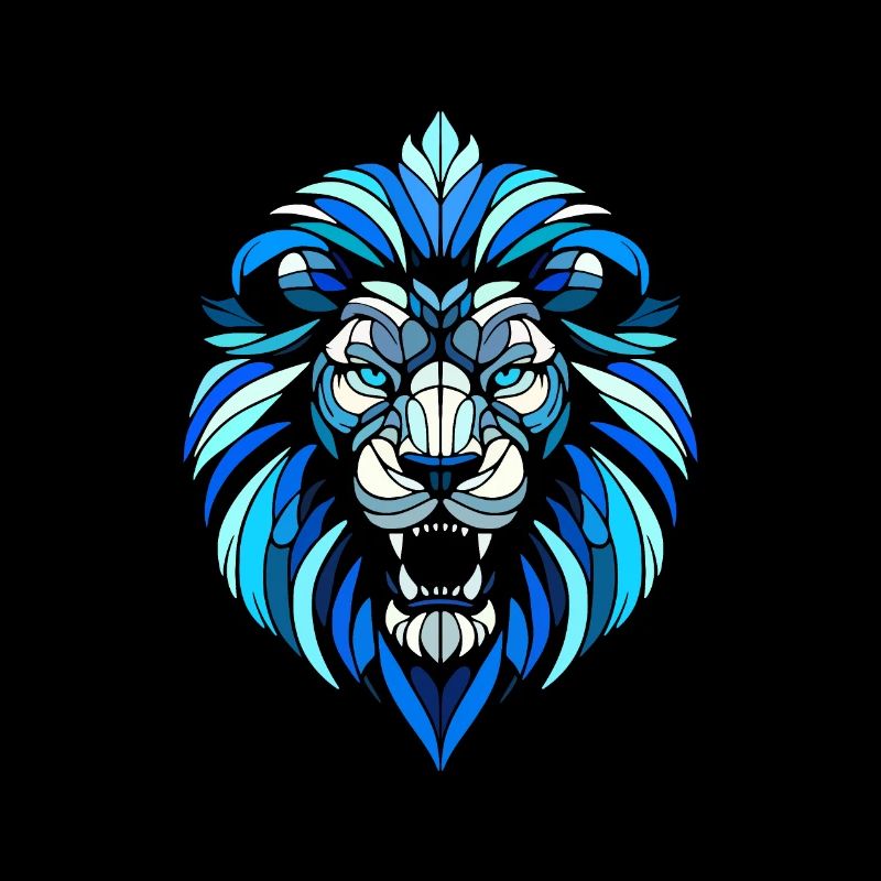 blue lion head, geometric patterns, polygons