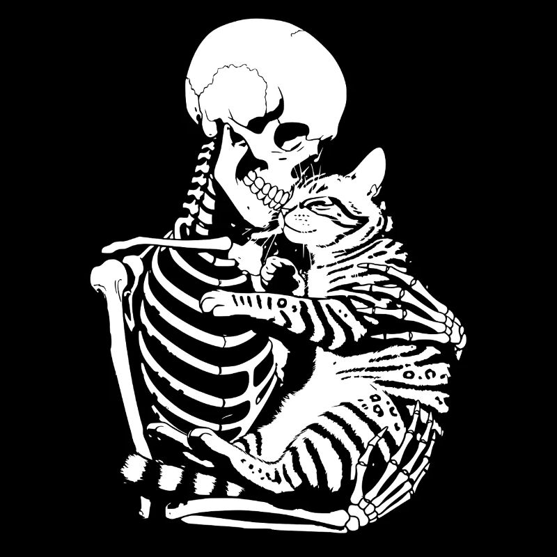 Skeleton hugging cat