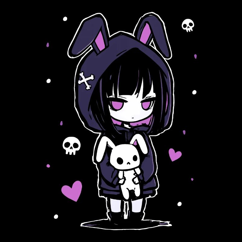Fille d'anime gothique avec un sweat à capuche en forme de lapin et un crâne