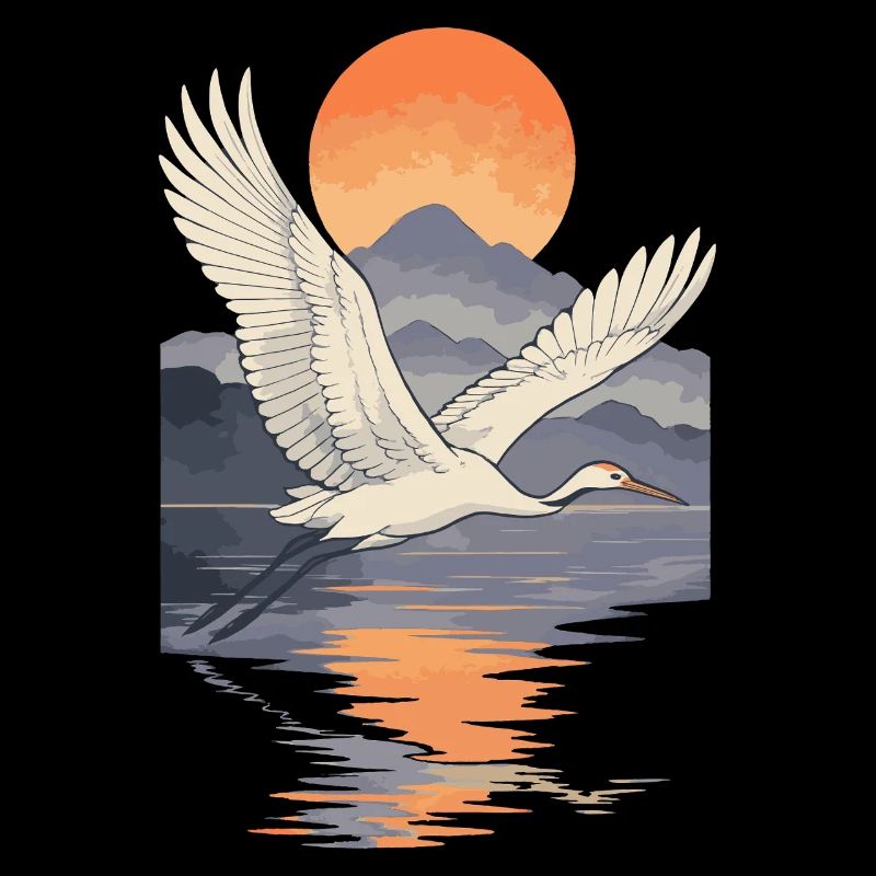 Crane Flying at Sunset Reflection