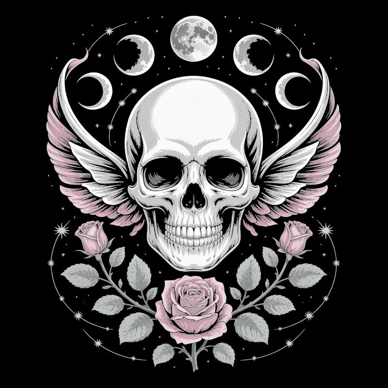 Crâne gothique avec phases de lune et motifs de roses