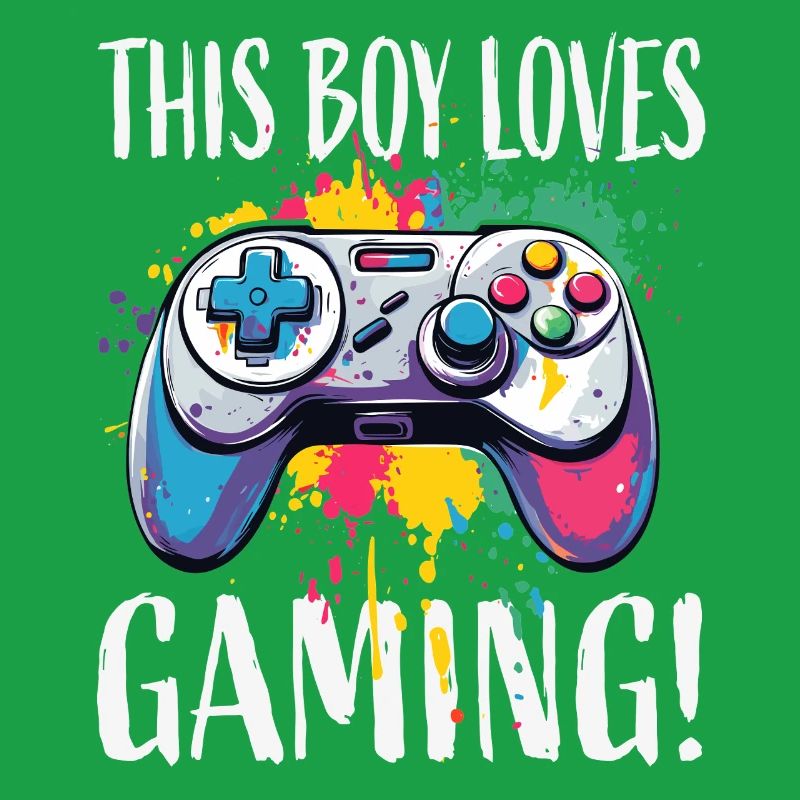 Junge liebt Gaming – bunte Controller-Splash