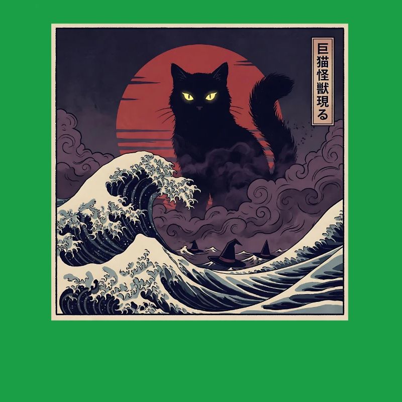 Un chat Kaiju géant au-dessus des vagues 巨猫怪獣現る
