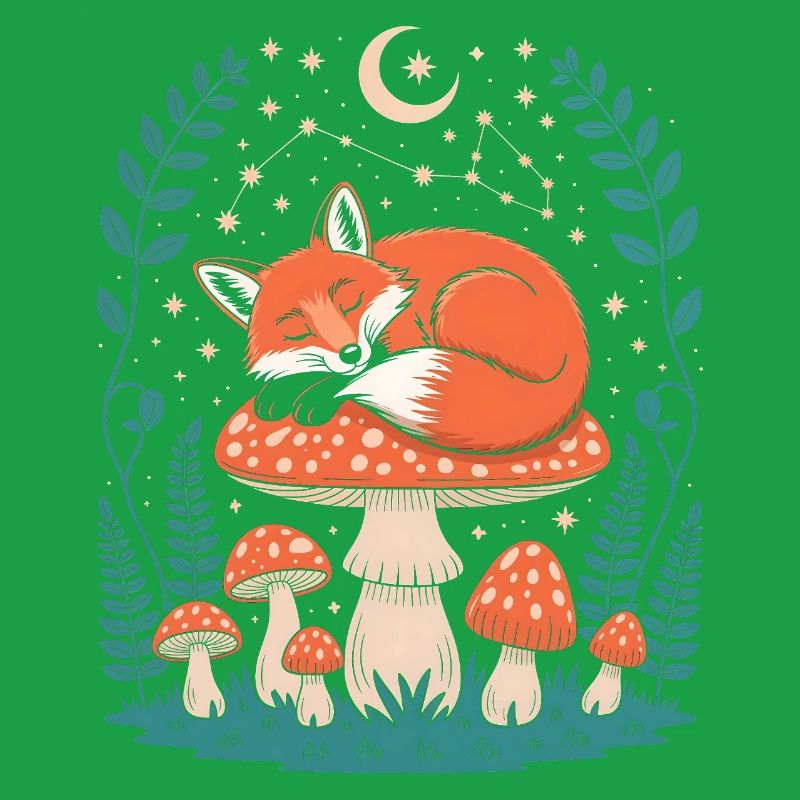 Sleeping Fox on Mushroom Under Starry Sky