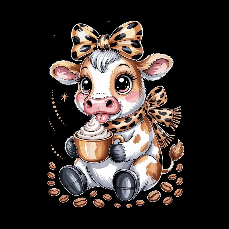  Süße Kaffeekuh mit Cappuccino und Kaffeebohnen