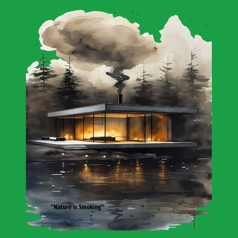 Cabane moderne éclairée par le feu sur le lac