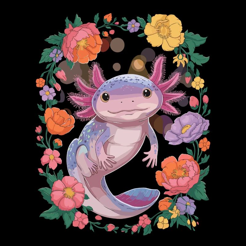 Axolotl surrounded by flowers