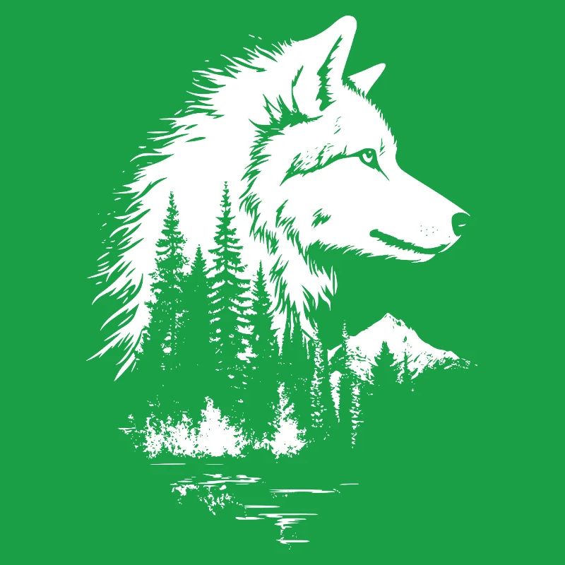 Wolf face forest silhouette in black and white style