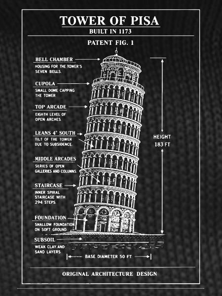 Leaning Pisa Tower Blueprint Art