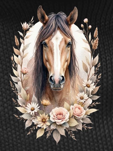 Brown horse with roses
