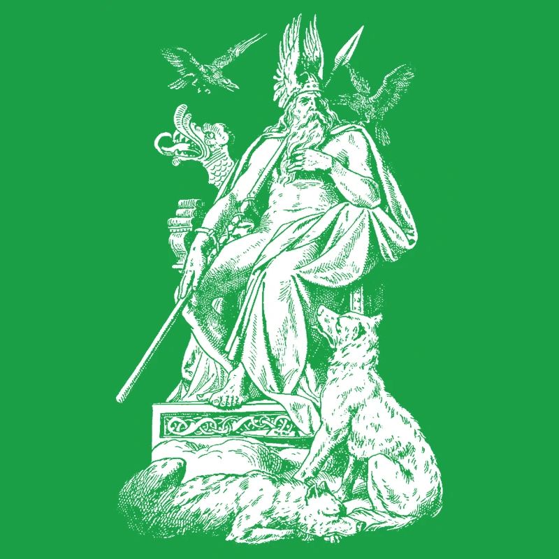 Odin on throne with spears, ravens and wolves