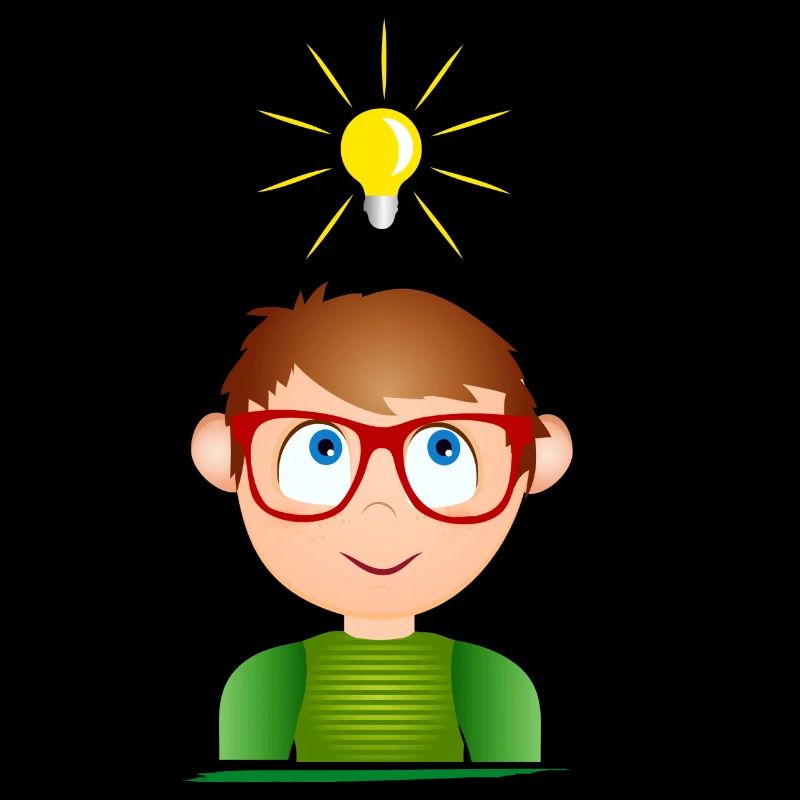 Junge mit Brille und einer leuchtenden Glühbirne