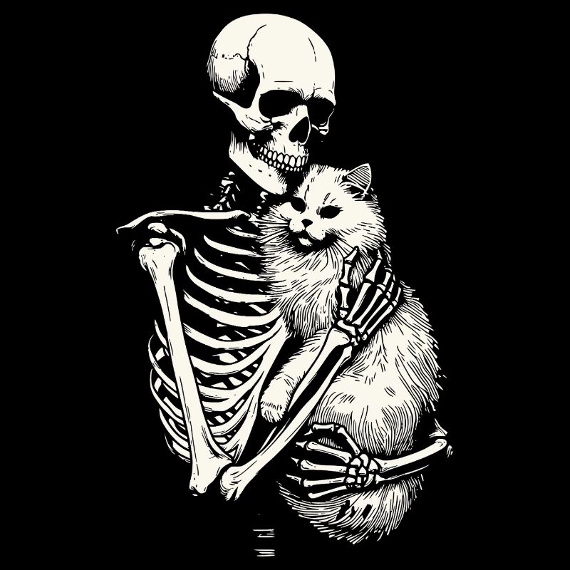 Skeleton hugging cat