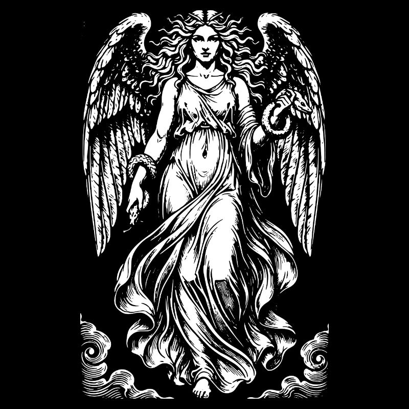 Lilith Gefallener Engel mit fließenden Roben und Schlange