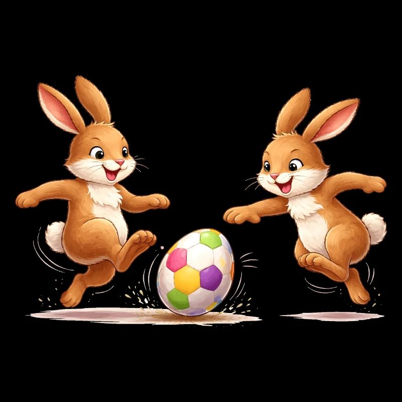 Easter bunnies playing soccer with colorful easter egg