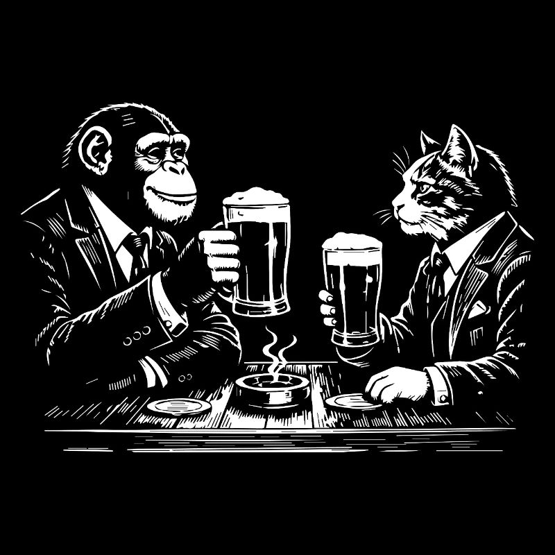 Schimpanse und Katze trinken Bier im Pub