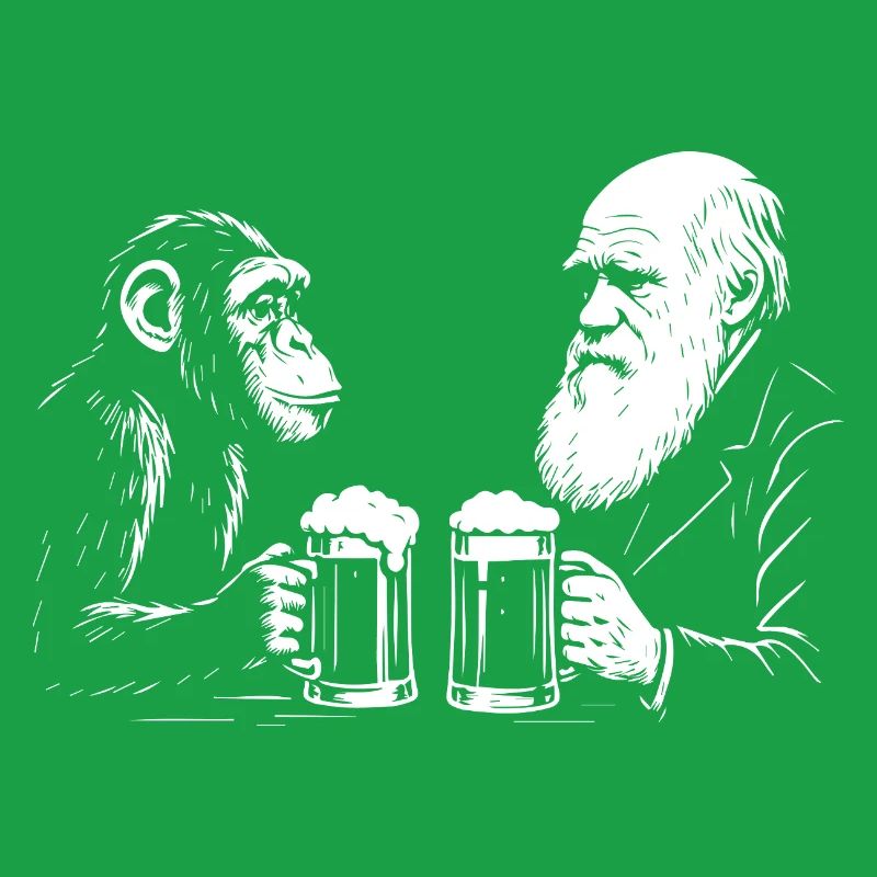 Charles Darwin is drinking beer with monkey