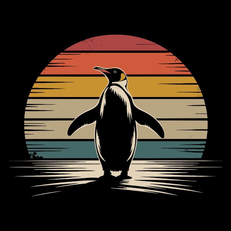 Retro Penguin Silhouette with Sunset Background