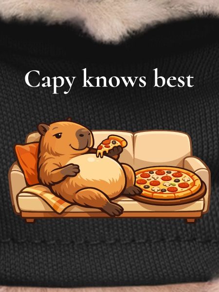 Capybara with pizza on sofa