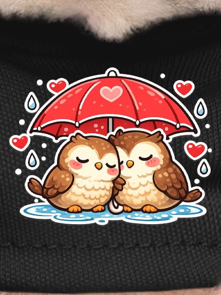 Cuddly owls under red umbrella