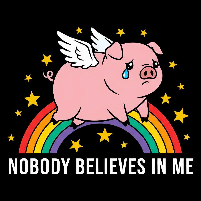 Cochon ailé triste sur arc-en-ciel