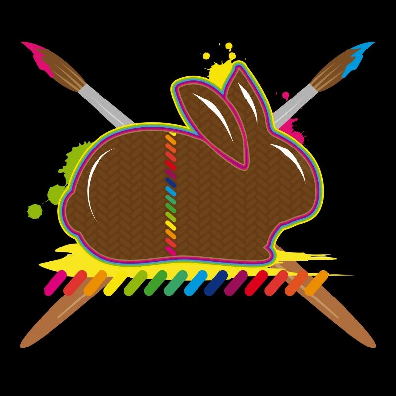 A colorful Easter bunny with paint splashes and brushes