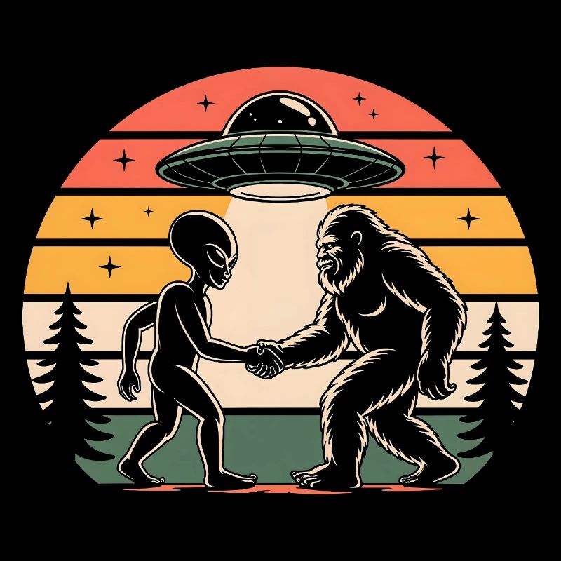 Bigfoot And Alien UFO Encounter Retro Sunset
