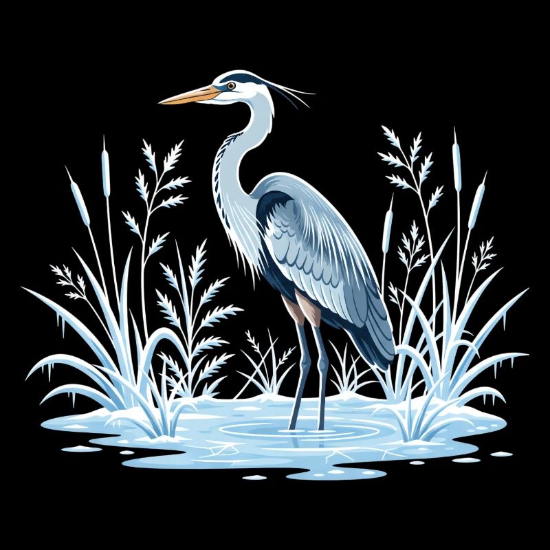 Gray Heron in Winter Landscape