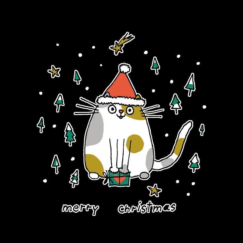 Gros chat avec chapeau de Père Noël dessin animé de Noël