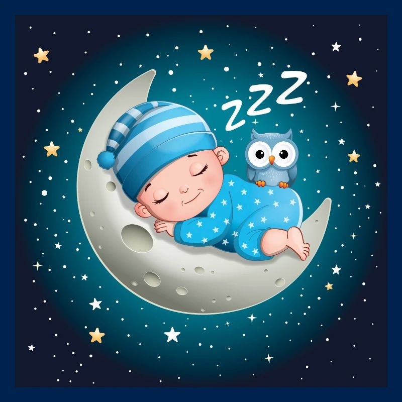 Schlafender Junge auf dem Mond mit einer Eule.